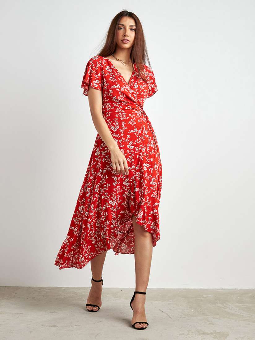 Buy Styli Red White Floral Printed Flared Sleeves Asymmetric Midi Wrap Dress Dresses for Women 24400958 Myntra