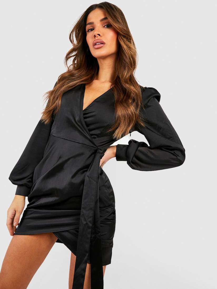 Boohoo satin wrap dress shop