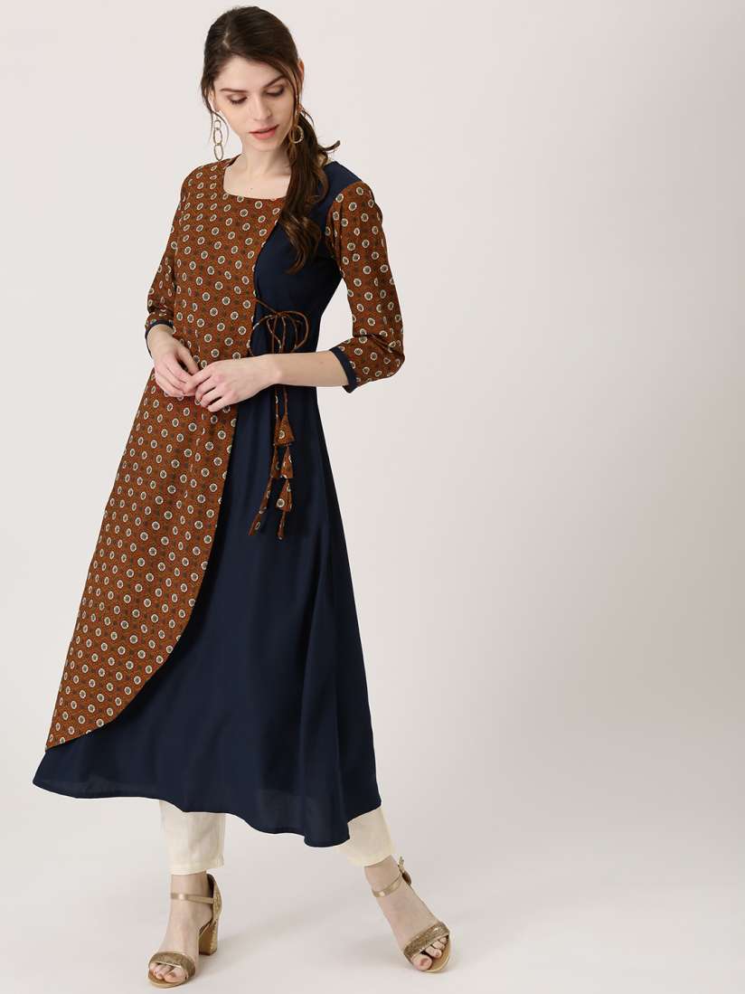Buy Libas Women Navy Brown Printed Angrakha Style A Line Kurta Kurtas for Women 2440597 Myntra
