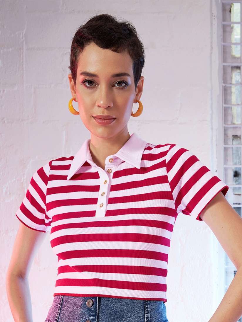 Red and white striped polo shirt womens top
