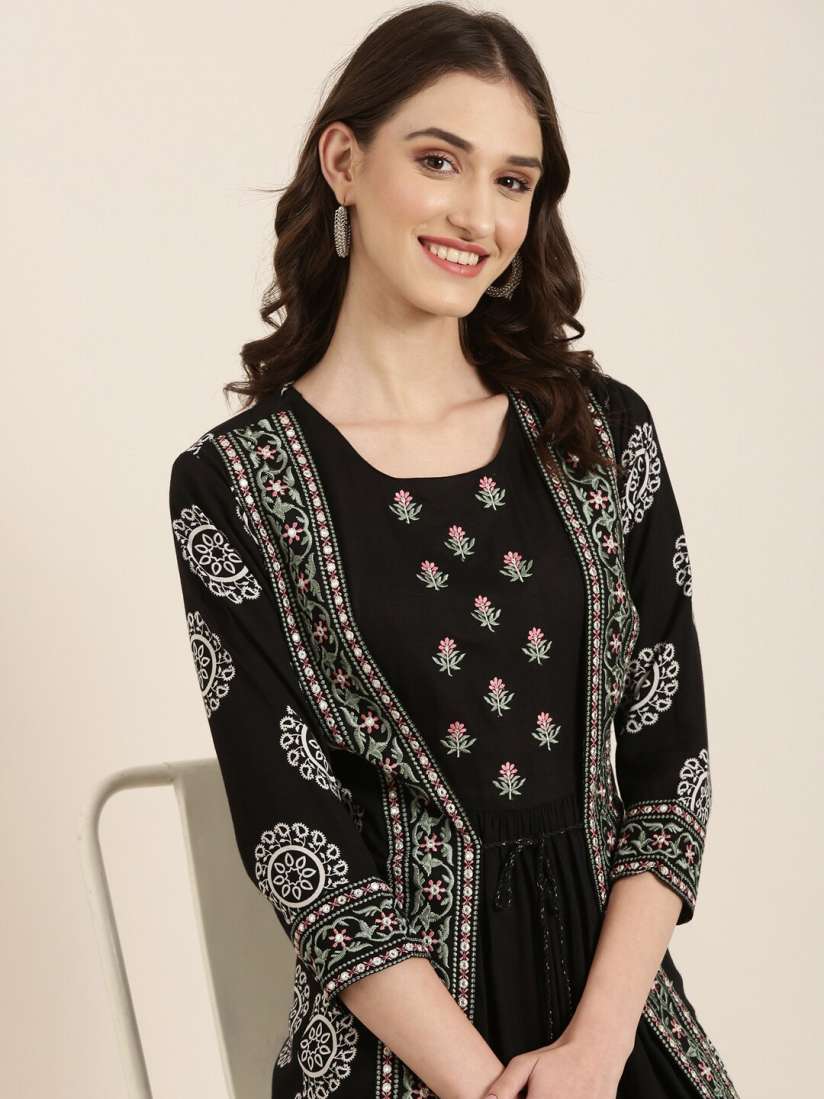 Buy SHOWOFF Ethnic Motifs Embroidered Round Neck A Line Ethnic Dress With Shrug Ethnic Dresses for Women 24416324 Myntra