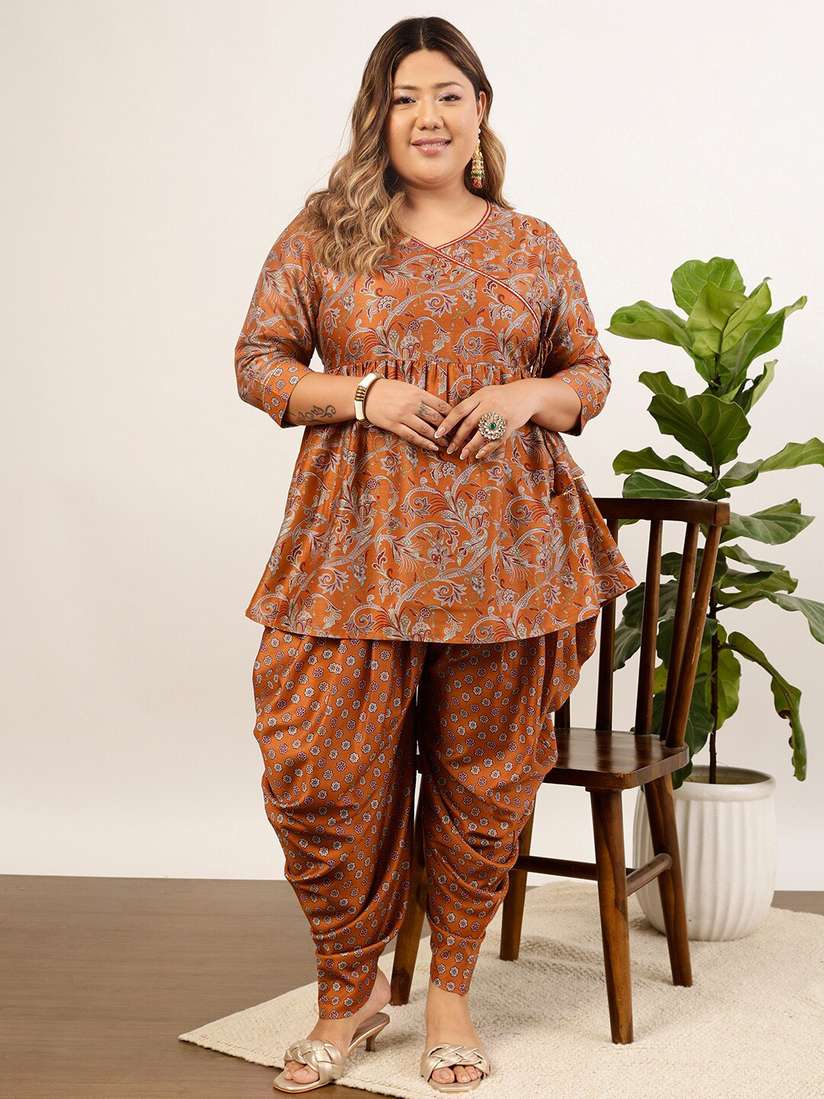 Buy indo street Plus Size Floral Printed Angrakha Kurti with Dhoti Pants -  Kurta Sets for Women 24426646 | Myntra