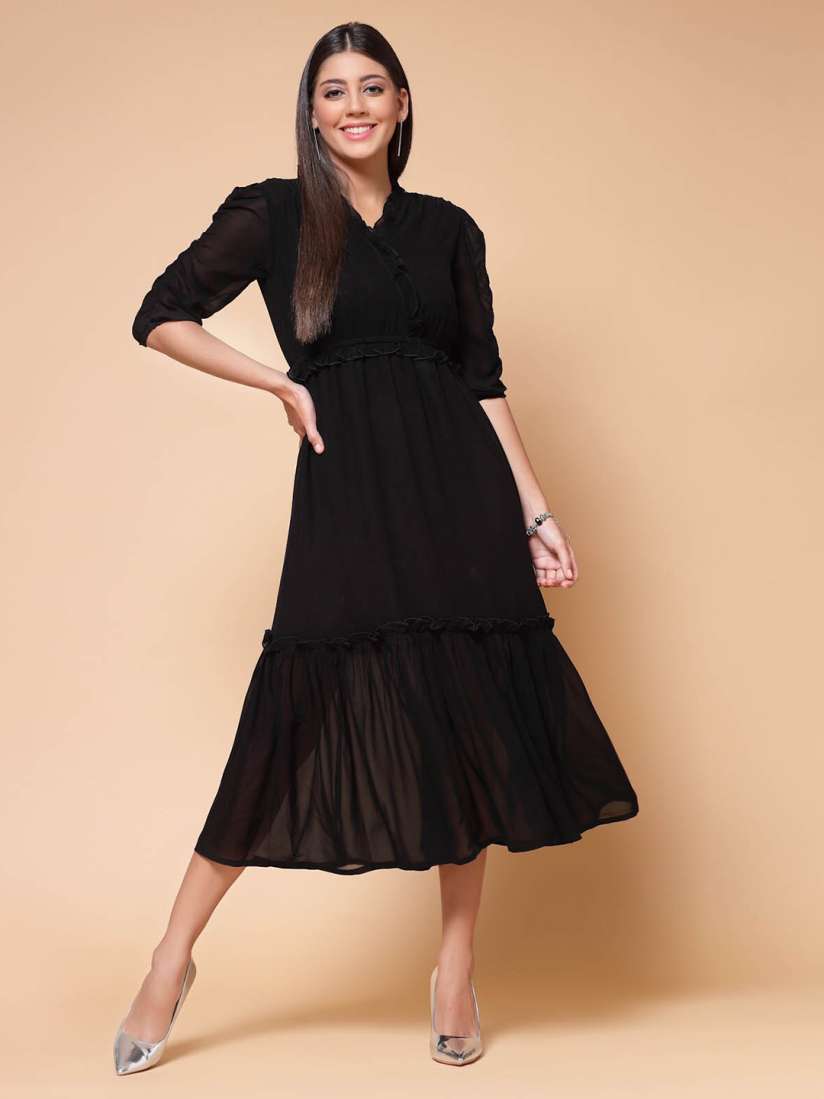 Buy plusS Black Puffed Sleeves A Line Midi Dress Dresses for Women 24428522 Myntra
