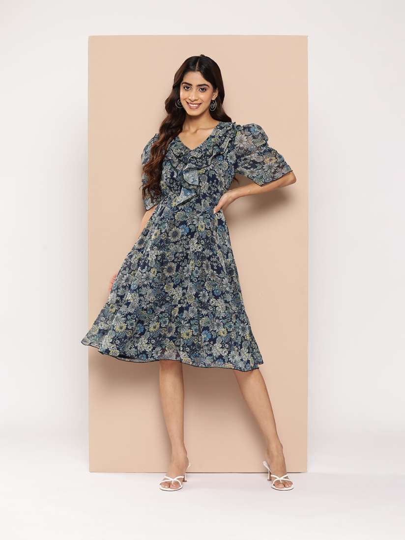 Buy HERE NOW Floral Print Puff Sleeves Ruffle Detailed A Line Midi Dress Dresses for Women 24429858 Myntra