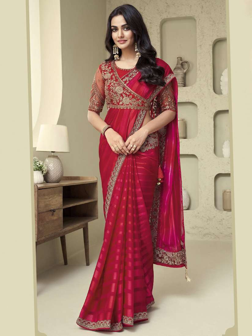 Buy Mitera Pink Gold Toned Poly Georgette Saree with Jacket with Blouse Sarees for Women 24434602 Myntra