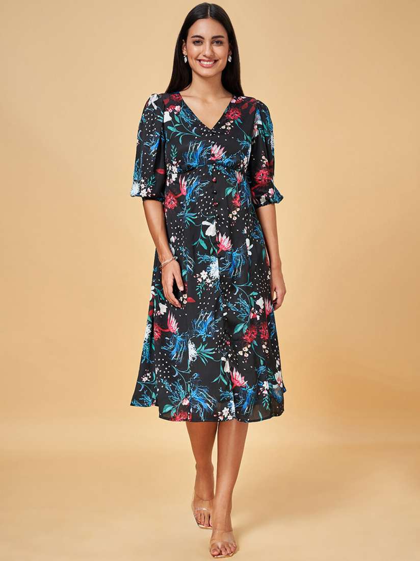 Buy Honey by Pantaloons Floral Printed V Neck Puff Sleeves A Line Dress Dresses for Women 24437316 Myntra