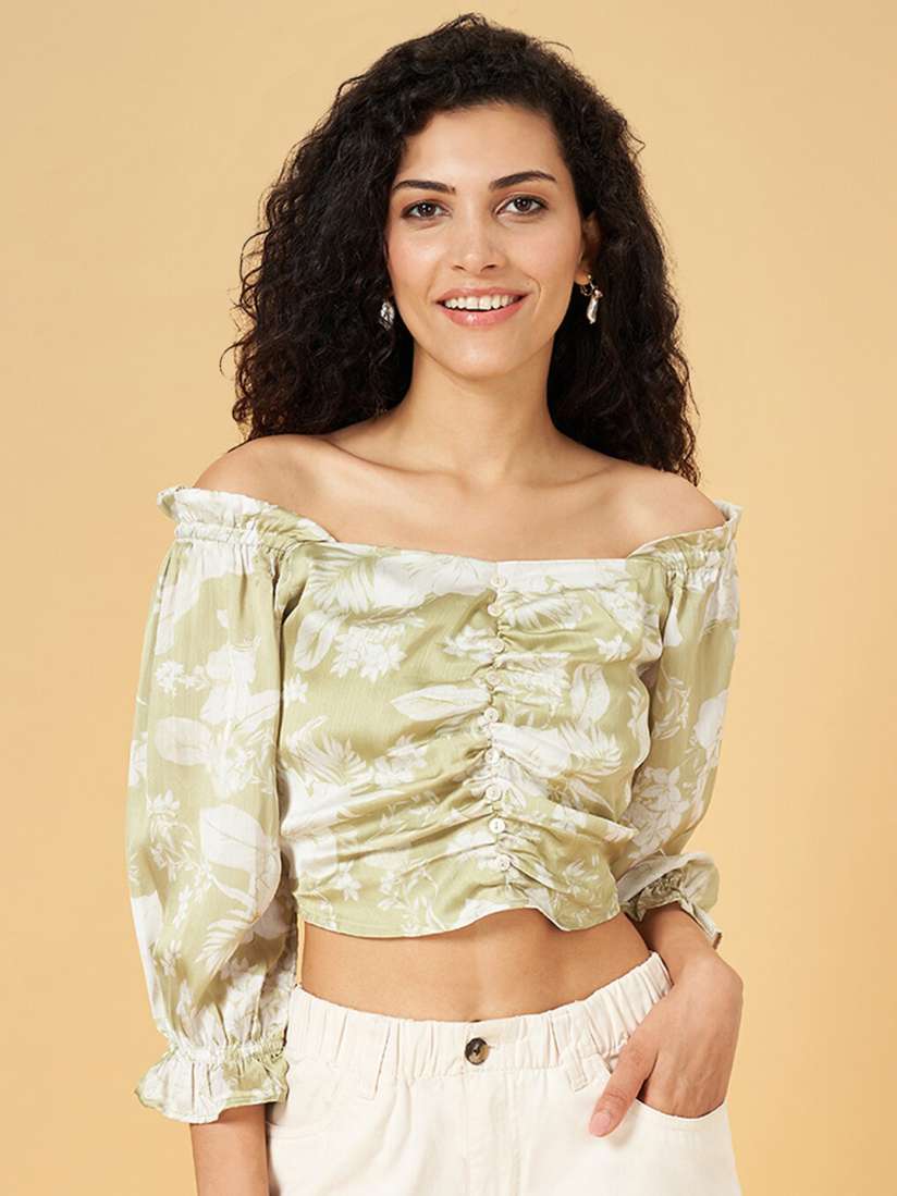 Buy Honey by Pantaloons Print Off Shoulder Puff Sleeve Bardot Crop Top Tops for Women 24445274 Myntra