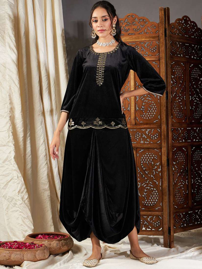 Buy Shae by SASSAFRAS Ethnic Motifs Yoke Design Velvet Short Kurta with Dhoti Skirt Kurta Sets for Women 24446130 Myntra