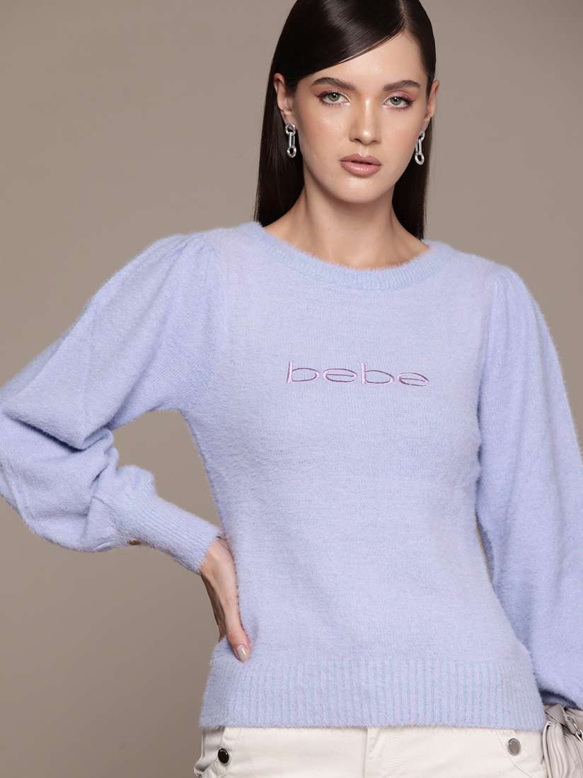 Buy bebe Season Staples Solid Brand Logo Embroidered Puffed Bishop Sleeves  Pullover - Sweaters for Women 24454224 | Myntra