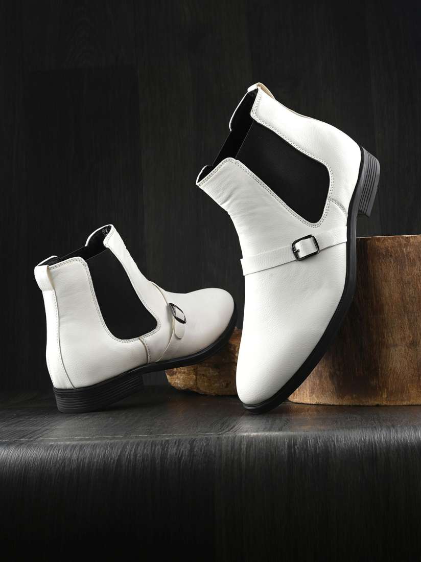Buy The Roadster Lifestyle Co. Men White Mid Top Block Heel Chelsea Boots With Buckle Detail Boots for Men 24468544 Myntra