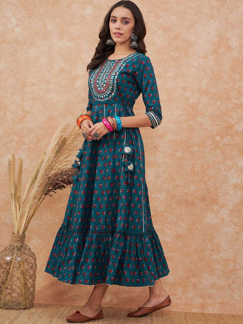 Buy Sangria Ethnic Motifs Printed Pure Cotton Tie Ups A line Ethnic Midi Dress Ethnic Dresses for Women 24483586 Myntra