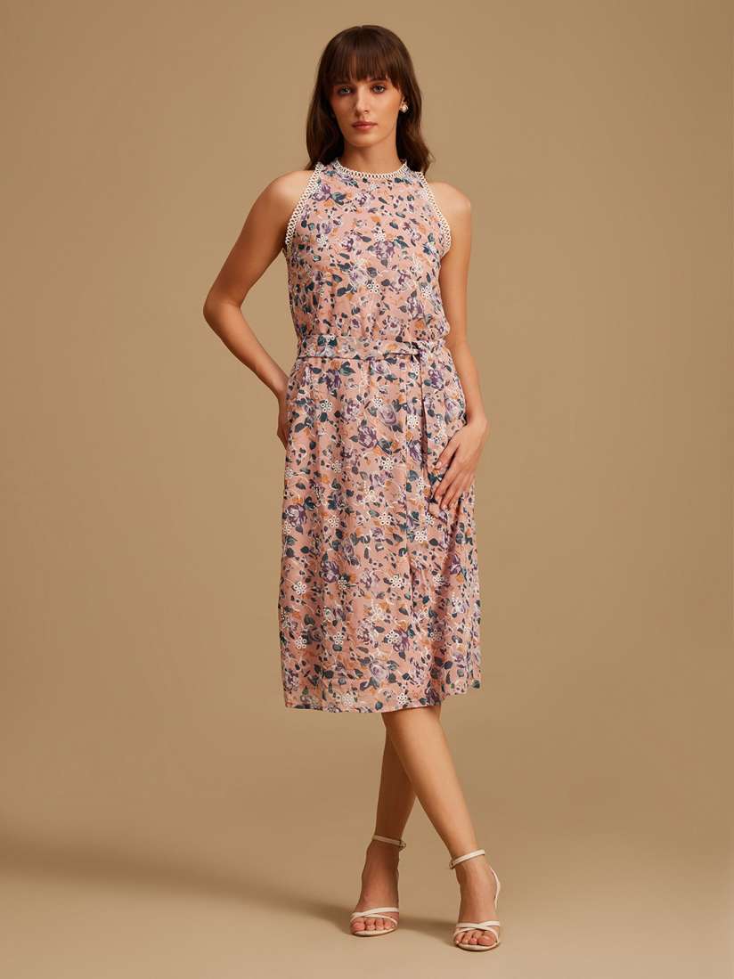 Buy Kazo Floral Printed Halter Neck Embroidered Tie Up Fit Flare Dress Dresses for Women 24486332 Myntra