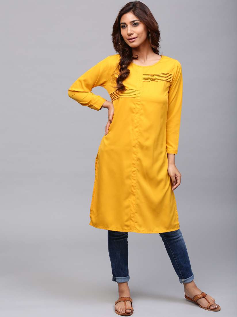 Aks women mustard solid straight kurta deals