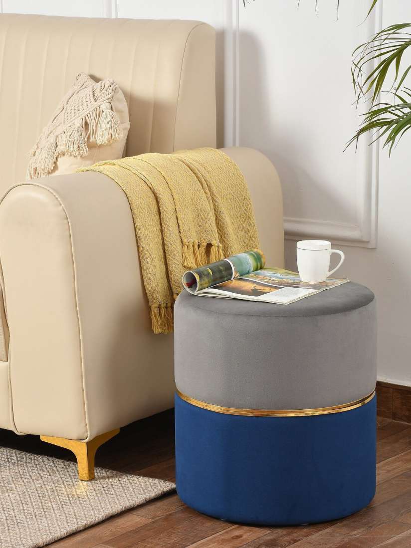 Texstop Grey Blue Colourblocked Padded Stool Ottoman