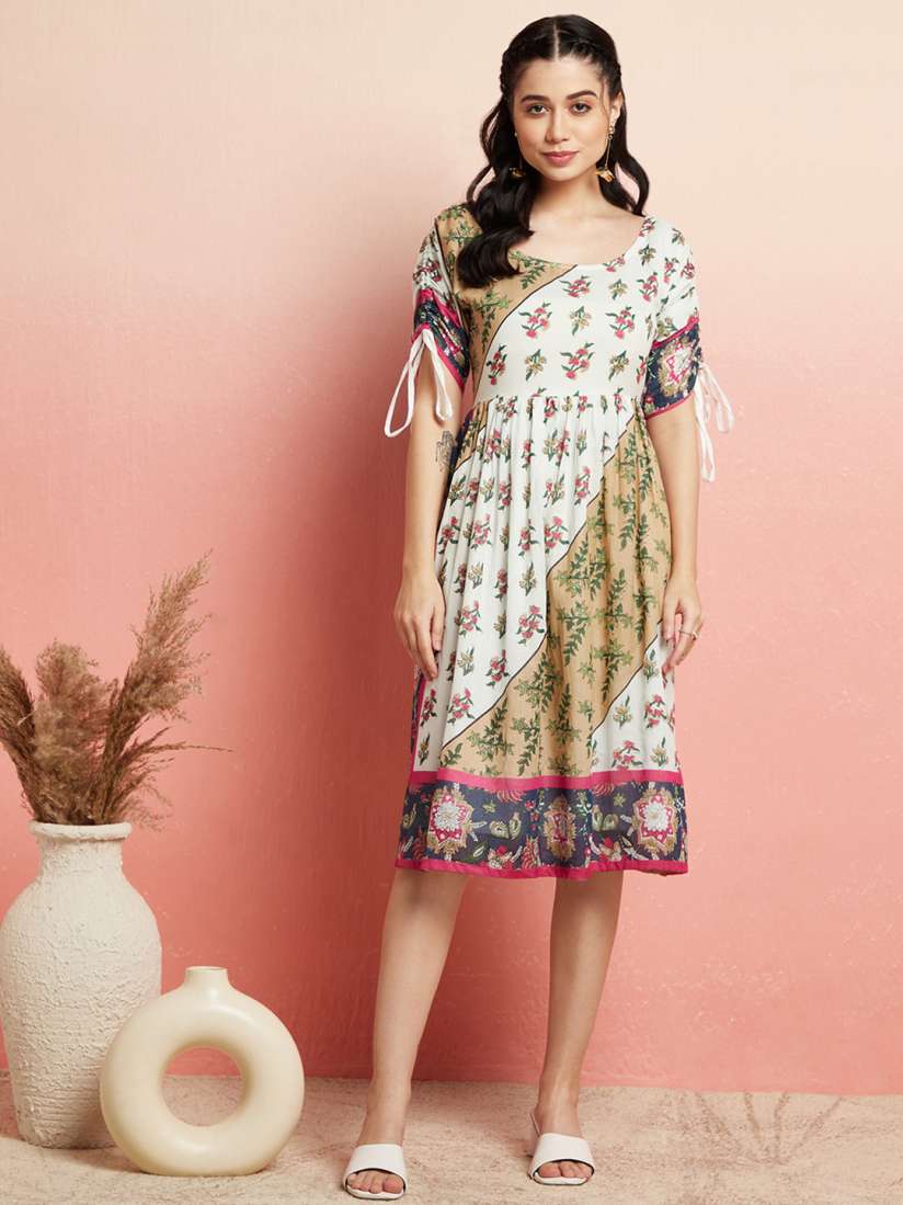 Buy AKS White Ethnic Motifs Printed Gathered Cotton A Line Dress Dresses for Women 24494244 Myntra