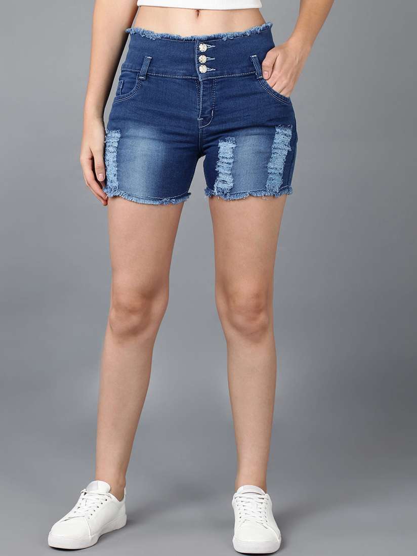 Distressed denim cycling shorts on sale