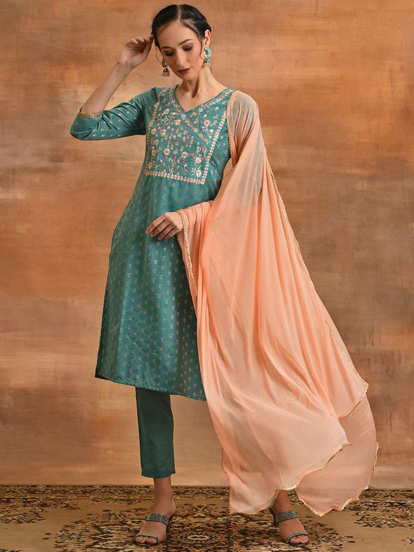 Buy AKS Floral Embroidered V Neck Straight Kurta with Trousers Dupatta Kurta Sets for Women 24501364 Myntra