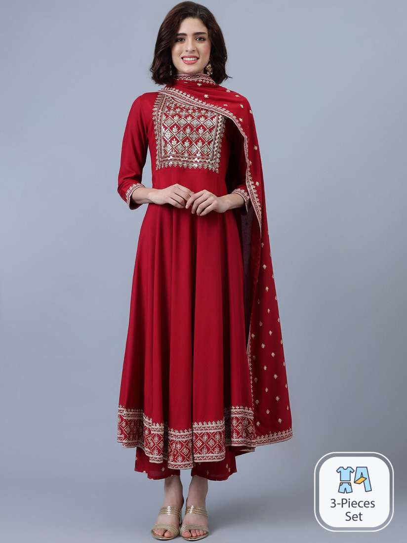 Buy Khushal K Ethnic Motifs Embroidered Thread Work Anarkali Kurta With Trousers Dupatta Kurta Sets for Women 24504882 Myntra