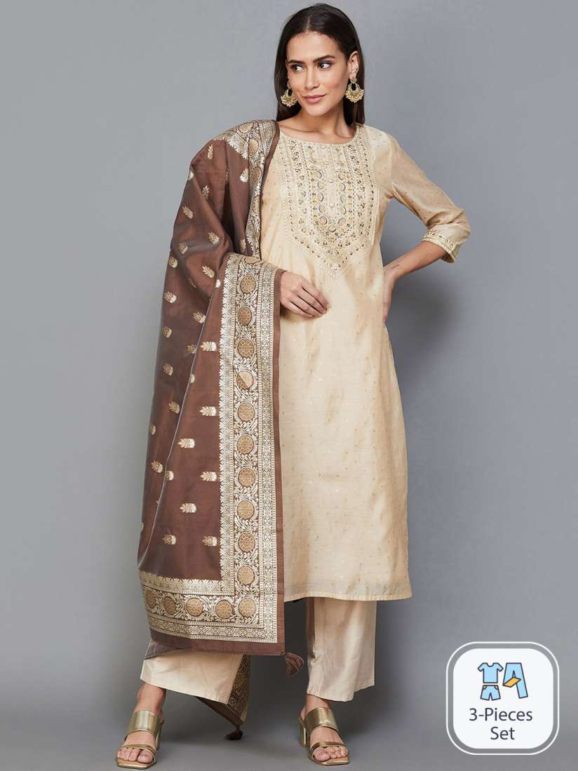 Buy Melange by Lifestyle Ethnic Motifs Embroidered Thread Work Kurta with Palazzos Dupatta Kurta Sets for Women 24509302 Myntra