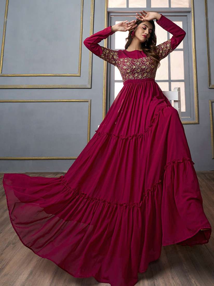 Buy Inddus Floral Embroidered Gathered Detail Tiered Fit Flare Ethnic Maxi Dress Ethnic Dresses for Women 24533062 Myntra