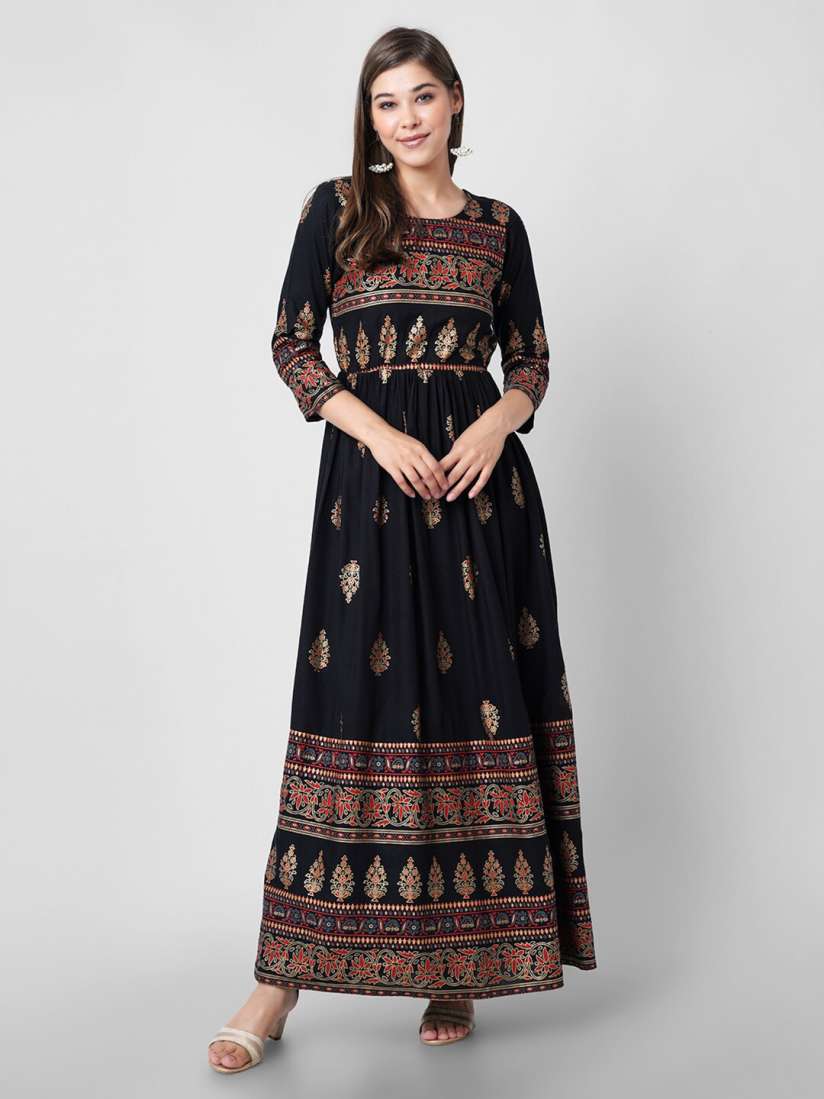Round neck printed maxi dress clearance
