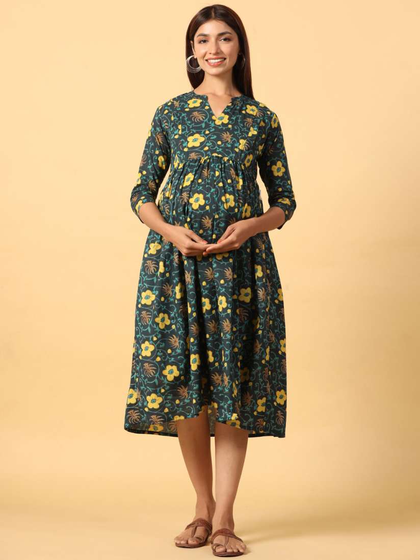 Buy CRAFIQA Floral Printed Maternity Nursing Pure Cotton Pleated Fit Flare Midi Dress Dresses for Women 24553750 Myntra