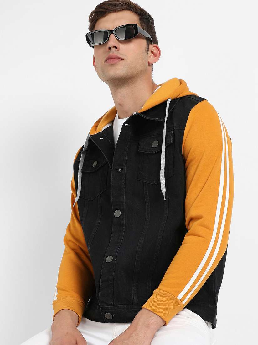 Buy Campus Sutra Black Windcheater Hooded Cotton Denim Jacket