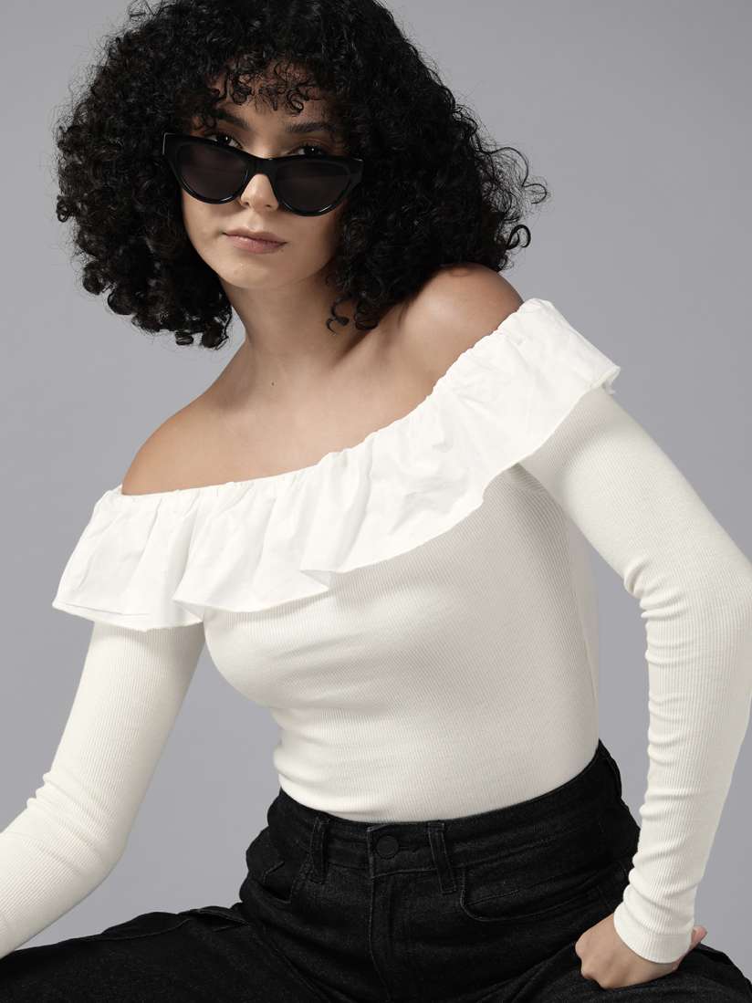 Buy The Roadster Lifestyle Co. Off Shoulder Ruffles Bardot Top Tops for Women 24573742 Myntra