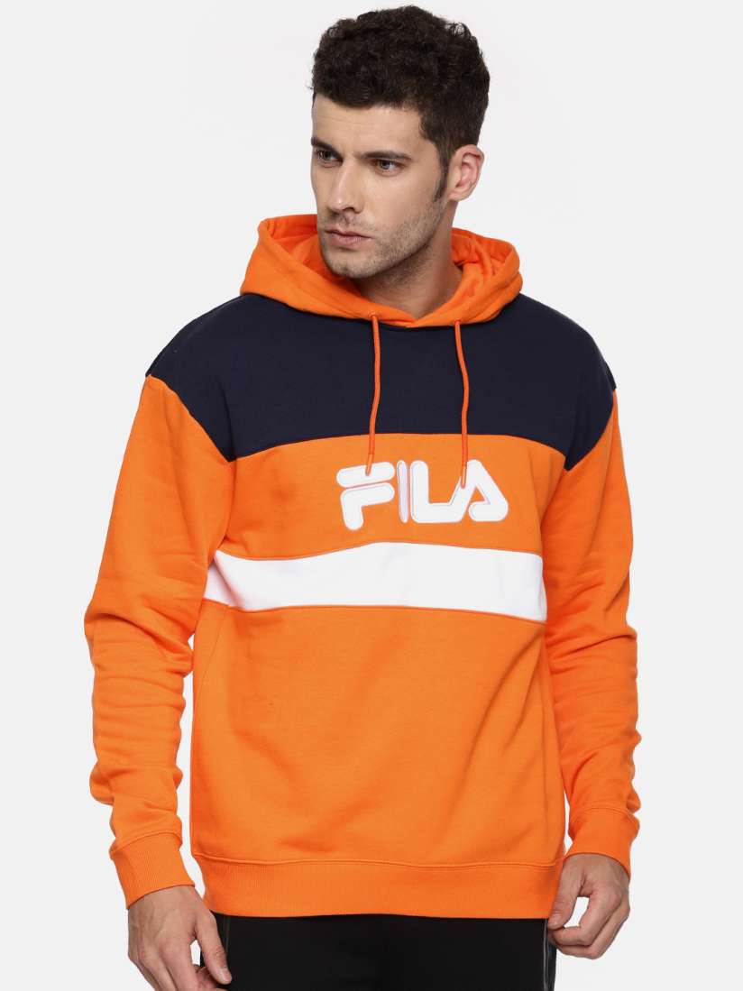 Buy FILA Men Orange Navy Colourblocked Hooded Sweatshirt Sweatshirts for Men 2458125 Myntra