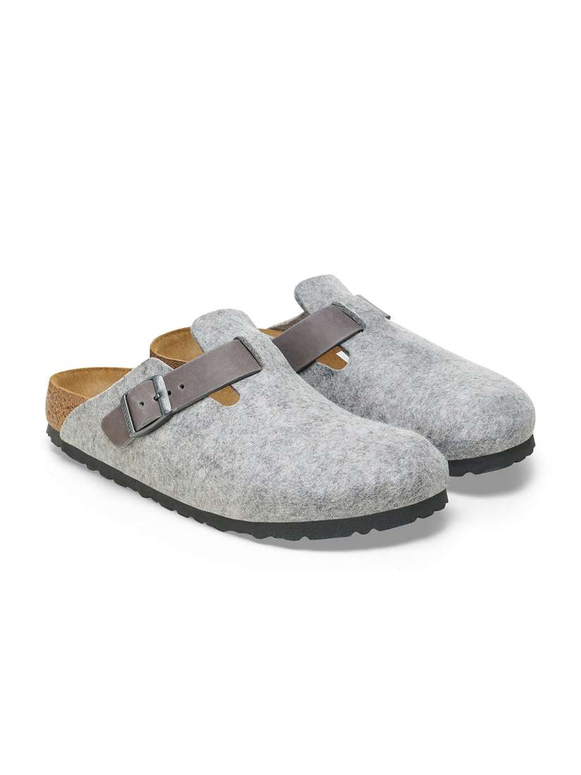 Birkenstock Boston Light Gray Regular Width Natural Leather/Felt Clogs