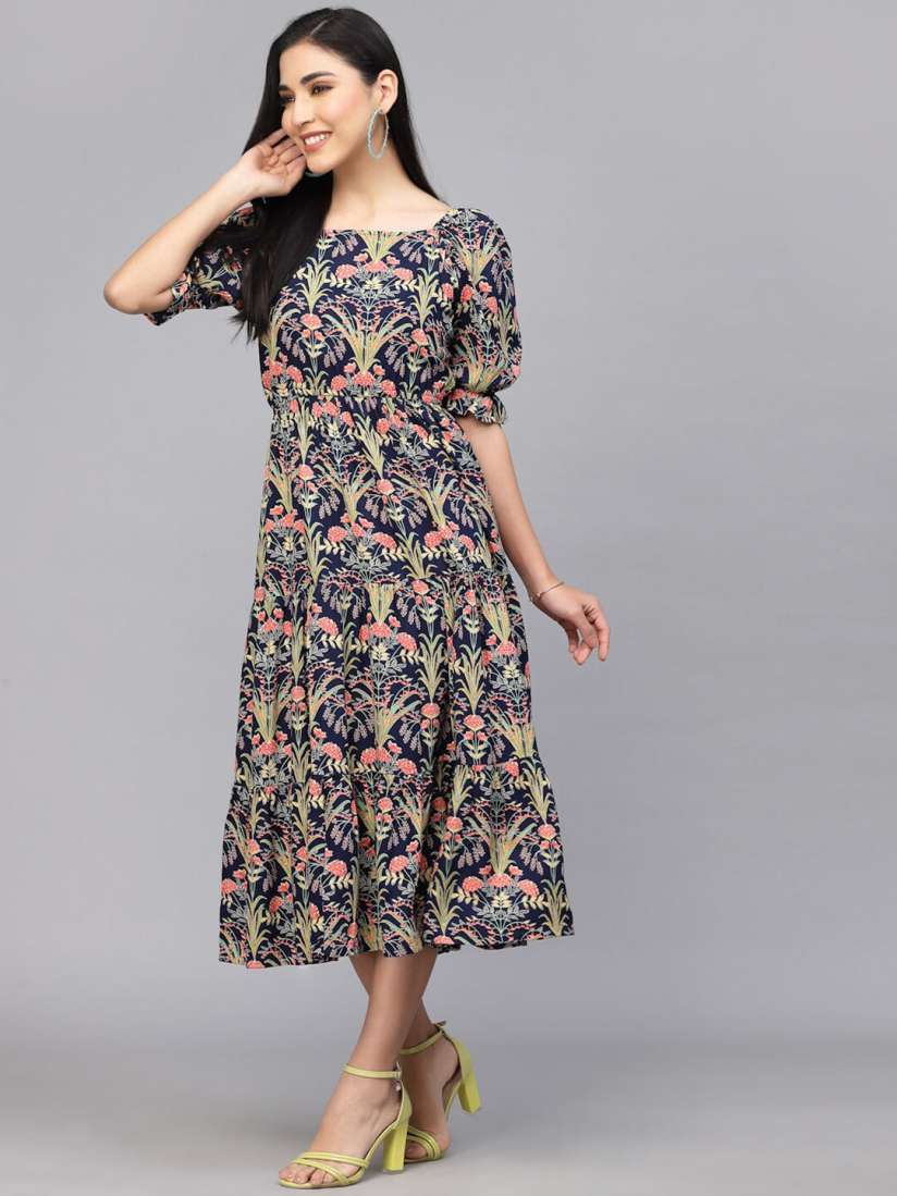 Buy LARGISH Floral Printed Puff Sleeves Cotton Fit Flare Midi Dress Dresses for Women 24585826 Myntra