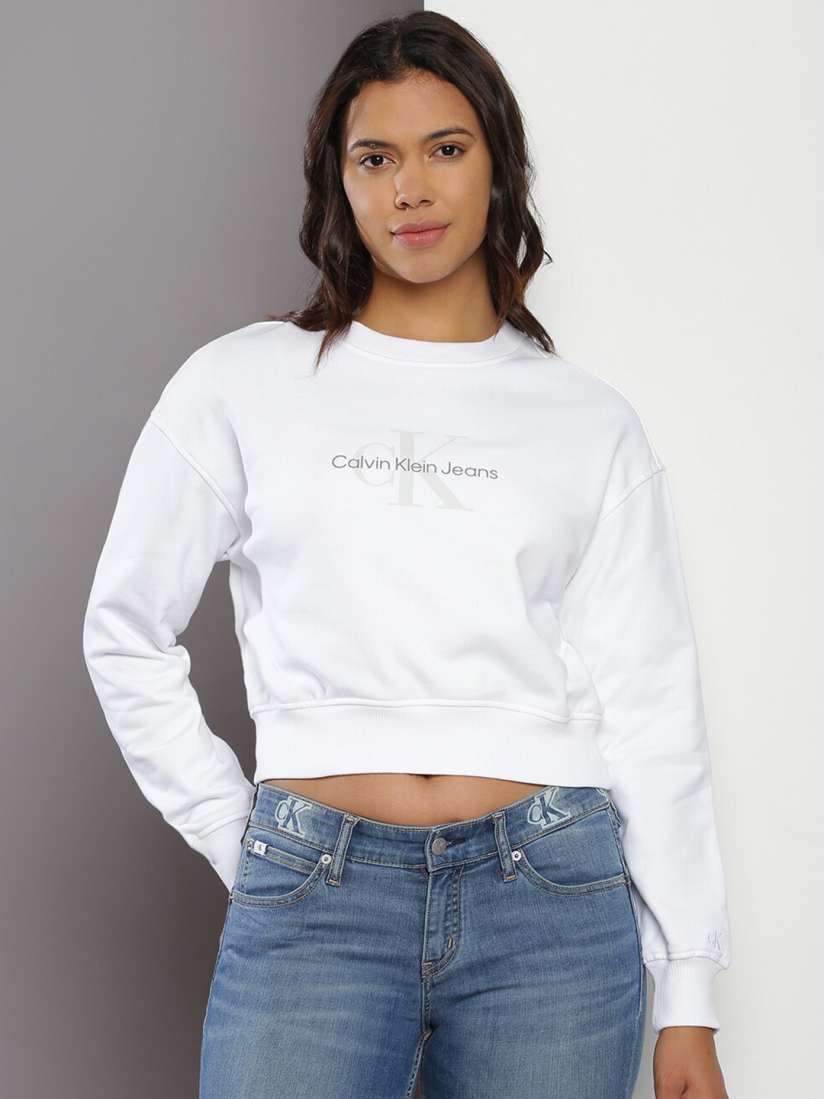 Buy Calvin Klein Jeans Typography Printed Pure Cotton Crop Sweatshirt Sweatshirts for Women 24594404 Myntra