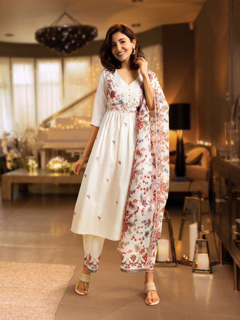 Buy W Floral Embroidered Thread Work Pure Cotton A Line Kurta With Trousers Dupatta Kurta Sets for Women 24602616 Myntra