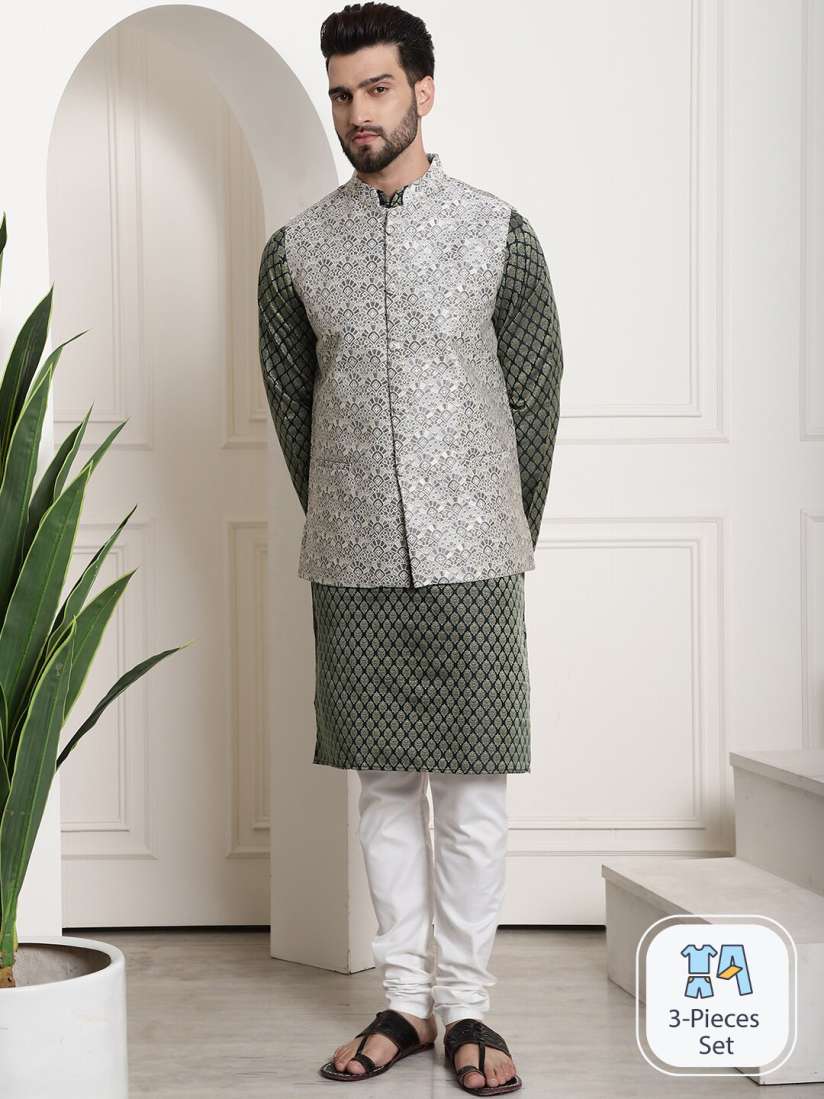 Buy SOJANYA Ethnic Motifs Self Design Jacquard Kurta With Churidar With Nehru jacket Kurta Sets for Men 24606442 Myntra