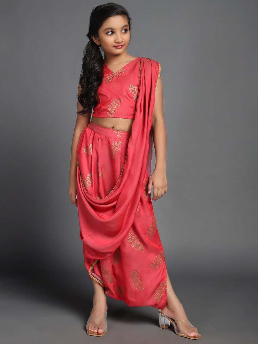 Buy Aks Kids Girls Ethnic Motifs Printed Zari Dhoti Saree Sarees for Girls 24609602 Myntra