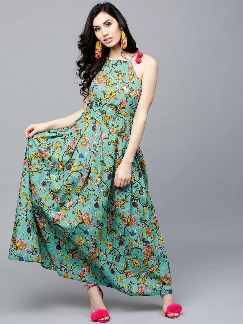Buy AKS Women Sea Green Yellow Printed Maxi Dress Dresses for Women 2463667 Myntra