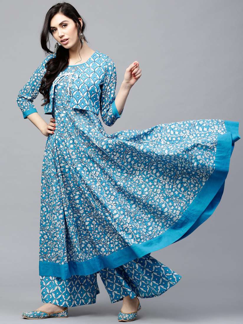 Buy AKS Women Blue White Printed Anarkali Kurta with Ethnic Jacket Kurtas for Women 2463740 Myntra
