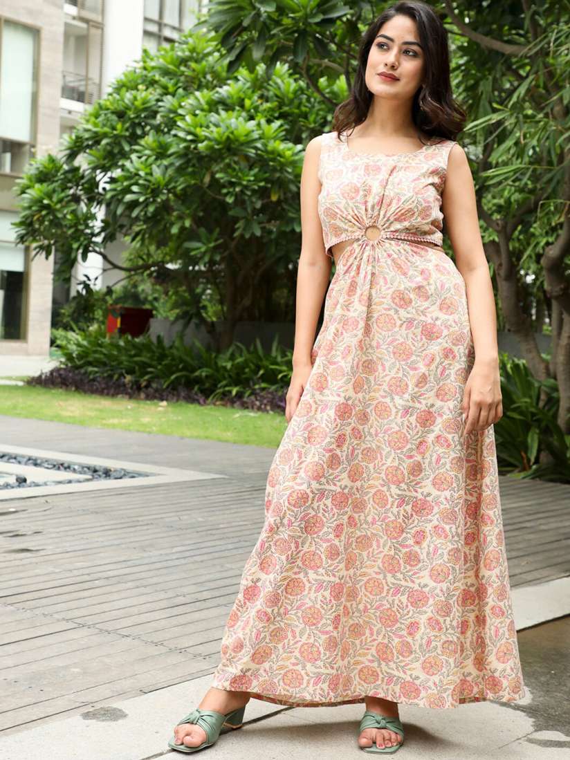 Buy AKS Couture Floral Printed Cut Out Detailed Cotton Maxi Dress Dresses for Women 24640174 Myntra