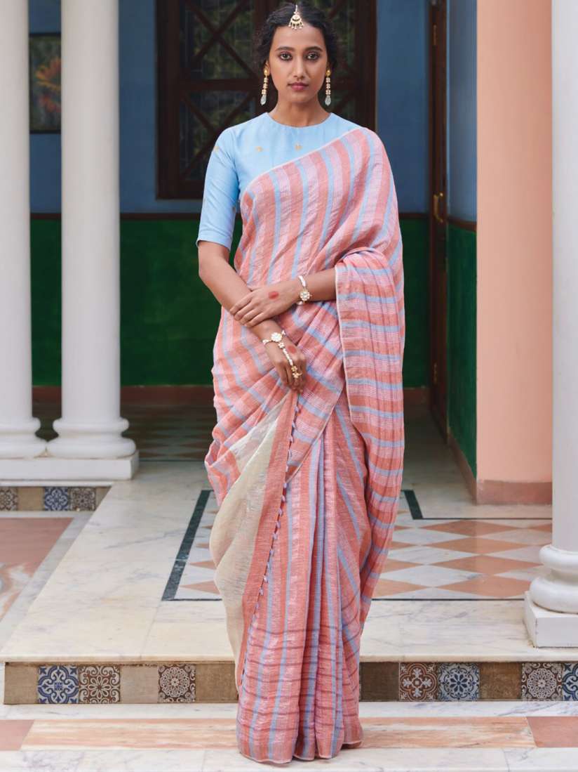 Buy Dressfolk Striped Pure Linen Saree Sarees for Women 24644172 Myntra
