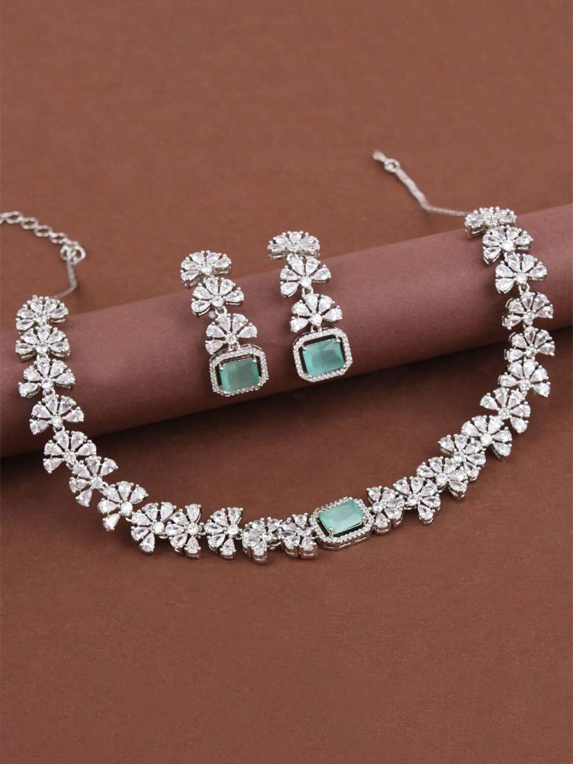 Buy Mirana Rhodium Plated American Diamond Studded Flower Jewellery Set Jewellery Set for Women 24652080 Myntra