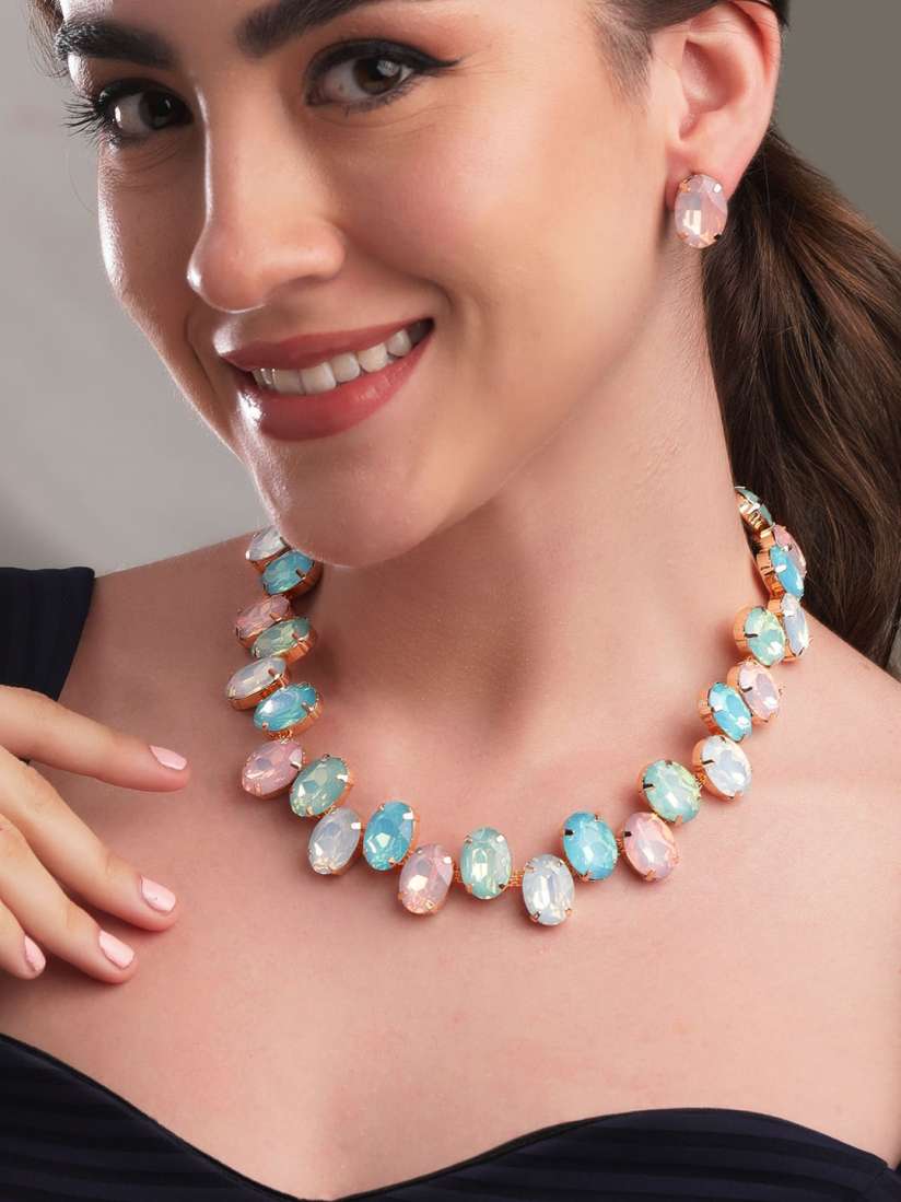 Buy Rubans 18K Gold Plated Pastel Blue Pink Lavender Faceted Oval Gemstone Necklace Set Jewellery Set for Women 24654500 Myntra