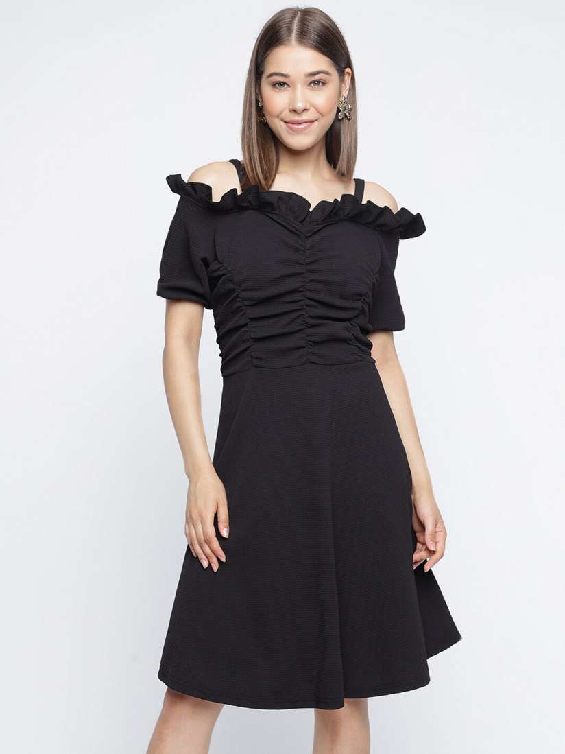 Buy Mayra Self Design Shoulder Straps Cold Shoulder Smocked Sheath Dress Dresses for Women 24658226 Myntra