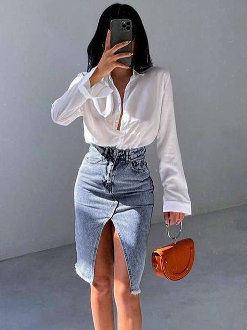 Knee length denim pencil skirt shop