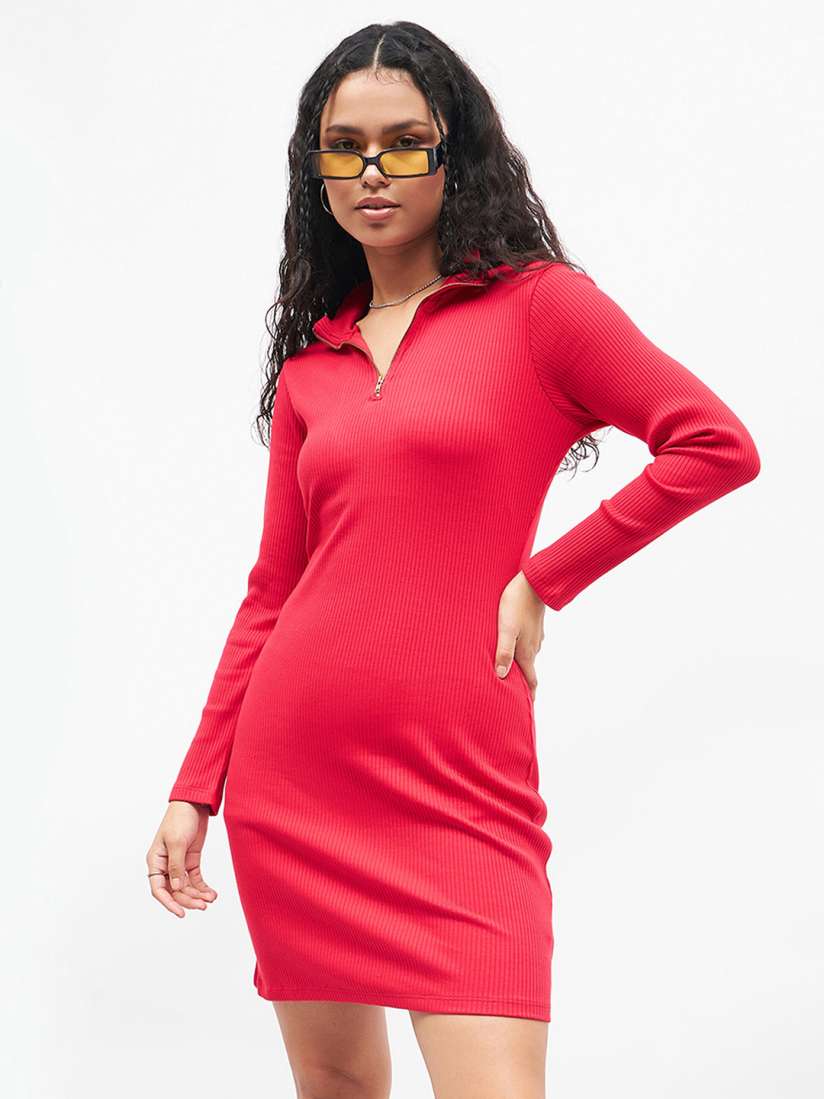Buy SASSAFRAS Front Zipper Ribbed Bodycon Dress Dresses for Women 24678152 Myntra