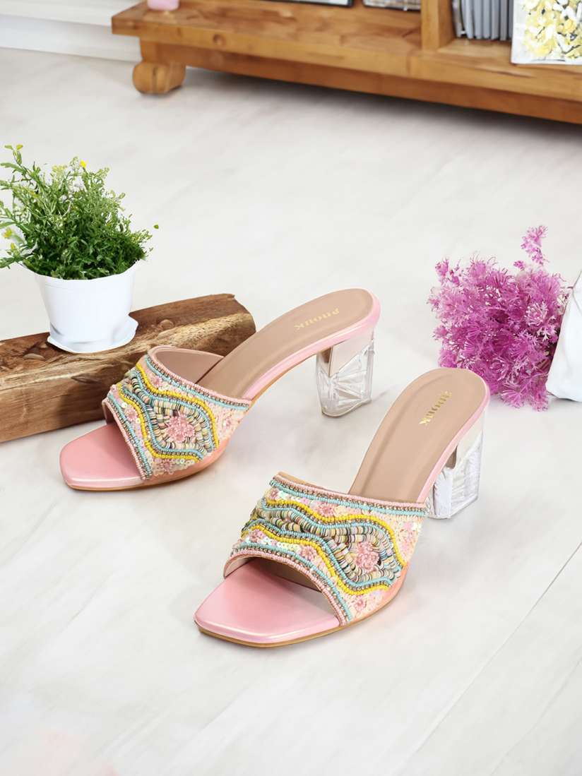 Buy Anouk Pink Yellow Embellished Block Heels Heels for Women 24686786 Myntra