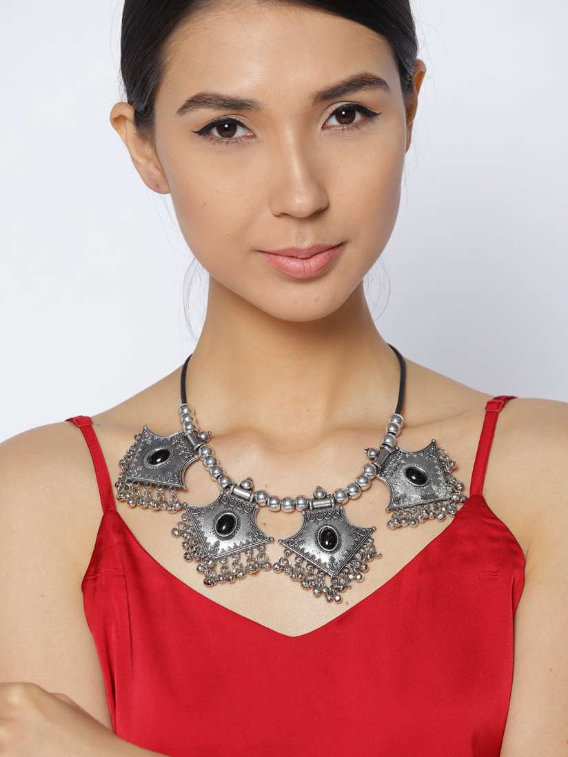 Buy Infuzze Oxidised Silver Toned Black Textured Necklace Necklace and Chains for Women 2470894 Myntra