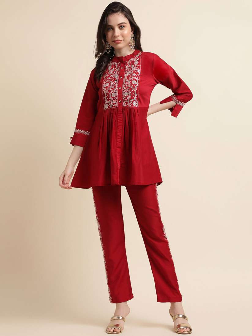 Buy Sangria Red White Floral Embroidered A Line Kurti with Trouser Kurta Sets for Women 24726424 Myntra