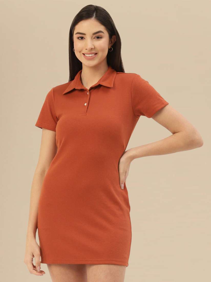Buy DressBerry Rust Shirt Collar Cotton T shirt Dress Dresses for Women 24746102 Myntra