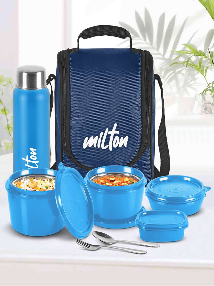 Buy Milton Blue Set Of 4 Inner Steel Pro Lunch Containers With Bottle Cover 180 320 450 ML Lunch Box for Unisex 24751436 Myntra