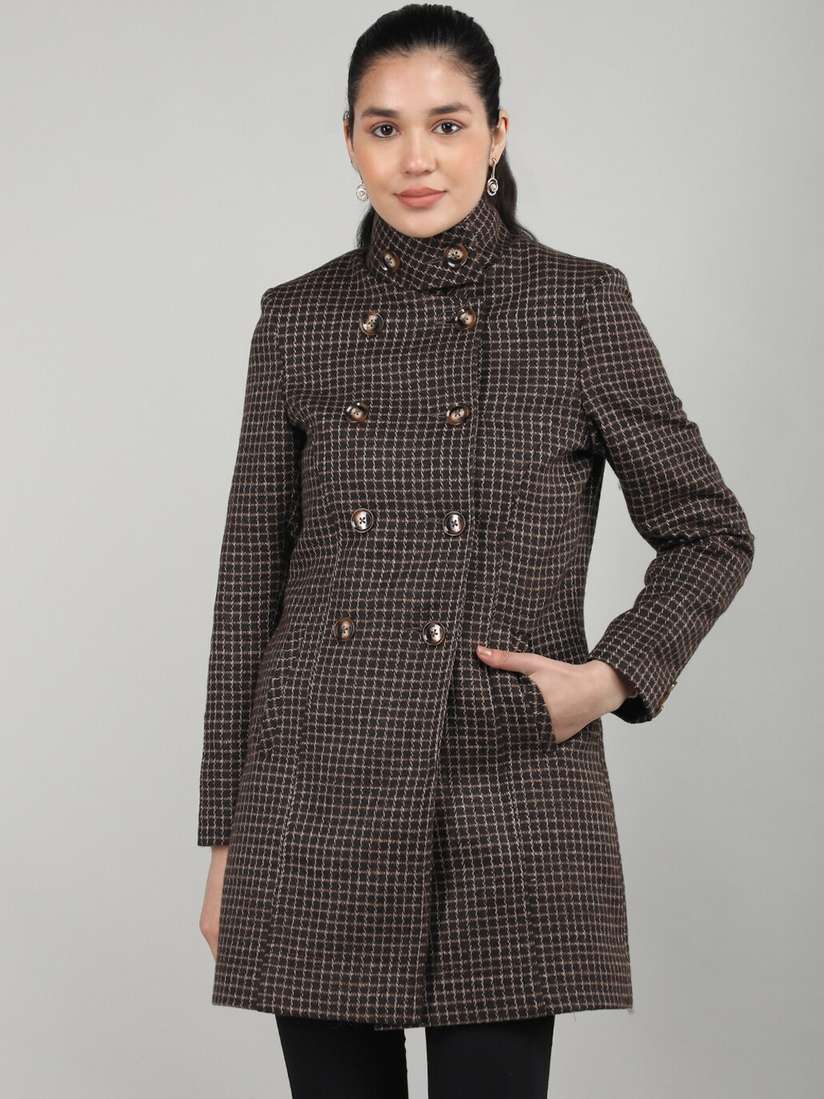 Buy CHKOKKO Stand Collar Checked Double-breasted Overcoat - Coats 
